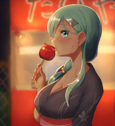Rule 34 | 1girl, aqua hair, blurry, blush, breasts, candy apple, cleavage, collarbone, depth of field, festival, food, from side, green eyes, hair ornament, hairclip, japanese clothes, kantai collection, kimono, large breasts, long hair, looking at viewer, maku ro, night, obi, open mouth, outdoors, sash, sidelocks, solo, suzuya (kancolle), sweatdrop, yukata