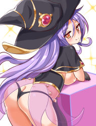 Rule 34 | 1girl, ass, blush, breast rest, breasts, butt crack, capelet, character request, cougar (cougar1404), from behind, gloves, large breasts, leaning, leaning forward, long hair, looking at viewer, orange eyes, purple hair, sideboob, smile, solo, thong, very long hair