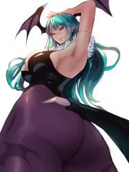 Rule 34 | 1girl, arm behind head, armpits, ass, bat wings, breasts, capcom, demon girl, green hair, highres, large breasts, legs, leotard, lipstick, long hair, looking at viewer, looking back, makeup, meke (77842928), morrigan aensland, parted lips, seductive smile, smile, solo, thick thighs, thighs, vampire (game), wings, yellow eyes