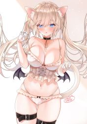 Rule 34 | 1girl, animal ear fluff, animal ears, black bow, blonde hair, blue eyes, blush, bow, breasts, bustier, cat ears, cat tail, collar, collarbone, commentary request, demon wings, fang, gloves, gluteal fold, highres, holding tail, large breasts, long hair, looking at viewer, navel, neco meito, open mouth, original, panties, paw print, signature, skin fang, skindentation, solo, spaghetti strap, tail, thigh strap, thighs, twintails, underwear, white gloves, wings