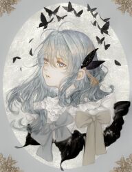 Rule 34 | 1girl, antenna hair, black butterfly, blue eyes, blue hair, bow, bug, butterfly, butterfly hair ornament, ciel (kamitsubaki studio), cropped shoulders, expressionless, frilled shirt collar, frills, hair ornament, highres, insect, kamitsubaki studio, long hair, looking to the side, parted lips, shirone (coxo ii), solo
