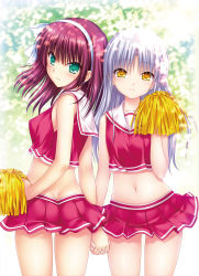 Rule 34 | 2girls, absurdres, angel, angel beats!, aqua eyes, ass, blush, bow, butt crack, cheerleader, closed mouth, collarbone, cowboy shot, crop top, hair bow, hairband, highres, holding hands, interlocked fingers, long hair, looking at viewer, midriff, miniskirt, multiple girls, na-ga, navel, pleated skirt, pom pom (cheerleading), red hair, red skirt, silver hair, skirt, smile, standing, stomach, thigh gap, very long hair, white background, white bow, white hairband, yellow eyes, nakamura yuri