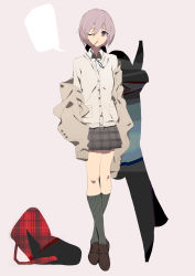 Rule 34 | 1girl, alternate costume, black-framed eyewear, blank speech bubble, brown background, brown footwear, cardigan, closed mouth, collared shirt, commentary request, dress shirt, eyewear in mouth, fate/grand order, fate (series), full body, glasses, grey skirt, grey socks, hair between eyes, highres, jacket, kneehighs, loafers, long sleeves, looking at viewer, mash kyrielight, mouth hold, off shoulder, one eye closed, pinstripe pattern, plaid, plaid skirt, pleated skirt, purple eyes, purple hair, rabbit (tukenitian), shirt, shoes, short hair, simple background, skirt, sleeves past fingers, sleeves past wrists, socks, solo, speech bubble, striped clothes, striped socks, unmoving pattern, vertical-striped clothes, vertical-striped socks, white shirt