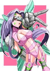 Rule 34 | 1girl, :o, absurdres, arm behind back, arm up, belt, bikini, boots, breasts, broken eyewear, butterfly hair ornament, butterfly wings, cleavage, commentary request, covered eyes, digimon, digimon (creature), facial mark, fairimon, garter straps, gloves, grey gloves, gyaru v, hair ornament, hairband, head-mounted display, highres, insect wings, large breasts, long hair, looking at viewer, navel, open mouth, parted bangs, partial commentary, pink eyes, purple background, purple belt, purple bikini, purple footwear, purple hair, purple hairband, sawa d, shoulder pads, skindentation, solo, standing, stomach, swimsuit, thigh boots, torn wings, v, wings