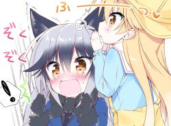 Rule 34 | !, 10s, 2girls, animal ears, bag, black gloves, black shirt, blazer, blonde hair, blowing, blue jacket, blue shirt, blush, bow, bowtie, brown eyes, clenched hands, commentary request, ezo red fox (kemono friends), fox ears, gloves, hand to own mouth, hat, jacket, kemono friends, long hair, multiple girls, open mouth, shirt, silver fox (kemono friends), spoken exclamation mark, surprised, takahashi tetsuya, upper body