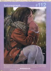 Rule 34 | 1girl, absurdres, blurry, breath, brown eyes, brown hair, coat, depth of field, futuregraph, gloves, highres, long hair, long sleeves, mittens, motion lines, murata range, outdoors, plaid, plaid scarf, pleated skirt, profile, red gloves, scan, scarf, sitting, skirt, snow, snowing, solo, thighhighs, white thighhighs, winter clothes, winter coat, yellow eyes, zettai ryouiki