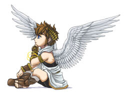 Rule 34 | 1boy, ahoge, angel wings, armband, armor, bare shoulders, black shorts, black undershirt, blue eyes, bracer, brown footwear, brown hair, commentary request, feathered wings, from side, full body, fur trim, greaves, kid icarus, laurel crown, looking ahead, male focus, naru (wish field), nintendo, parted lips, pit (kid icarus), sandals, scarf, shadow, short hair, shorts, simple background, sitting, solo, thick eyebrows, toenails, toga, white background, white scarf, white wings, wings, yellow armband