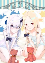 Rule 34 | 2girls, abigail williams (fate), alakoala, animal print, bags under eyes, bare legs, bare shoulders, barefoot, bed, between legs, black bow, bow, chemise, closed mouth, collarbone, commentary request, damaged, fate/grand order, fate (series), fish print, hair between eyes, hair bow, hand between legs, highres, lavinia whateley (fate), long hair, multiple girls, no panties, on bed, orange bow, parted bangs, pillow, polka dot, polka dot bow, print pillow, purple eyes, red eyes, see-through, silver hair, sitting, smile, star (symbol), star print, strap slip, striped, striped background, stuffed animal, stuffed toy, teddy bear, vertical stripes, very long hair, wariza, whale print