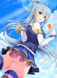 Rule 34 | 10s, 1girl, :o, aqua (konosuba), ass, bare shoulders, beer mug, blue eyes, blue hair, blue skirt, blue sky, blue thighhighs, blue vest, blush, bow, bowtie, cup, day, detached sleeves, dutch angle, food, from behind, from below, gluteal fold, green bow, green bowtie, hair bobbles, hair ornament, hair rings, highres, holding, kono subarashii sekai ni shukufuku wo!, lens flare, long hair, long sleeves, looking back, matching hair/eyes, mug, no panties, nonohachi, open mouth, outdoors, pleated skirt, skirt, sky, sleeveless, solo, surprised, sweets, thighhighs, very long hair, vest