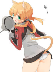 Rule 34 | 10s, 1girl, anchor hair ornament, animal ears, aqua eyes, ass, blonde hair, blush, cat ears, cat tail, clothes lift, from behind, gloves, green eyes, hair ornament, hat, unworn hat, unworn headwear, holding, holding clothes, holding hat, kaisen chuui, kantai collection, lifted by tail, long hair, looking back, military, military uniform, panties, peaked cap, prinz eugen (kancolle), skirt, skirt lift, smile, solo, tail, twintails, underwear, uniform, white gloves, white panties