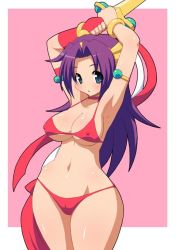 Rule 34 | 1girl, armpits, arms up, athena (series), bikini, blue eyes, blush, breasts, cleavage, covered erect nipples, curvy, fighting stance, hip focus, large breasts, navel, parted lips, princess athena, purple hair, red bikini, shishimaru ken&#039;ya, snk, solo, swimsuit, sword, the king of fighters, underboob, weapon, wide hips