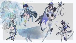 Rule 34 | 3girls, animal on arm, aqua sleeves, armlet, armor, asymmetrical legwear, belt, bird, bird on arm, black cape, black crown (object), black footwear, black garter, black hair, black leotard, black wings, black wrist cuffs, blue cloak, blue hair, blue tail, boots, border, bridal garter, cape, clenched hand, cloak, collared cloak, commentary request, crow, crown, detached sleeves, dragon horn, dragon tail, elbow gloves, eyelashes, feather cape, feathered wings, fire, full body, fur-trimmed boots, fur-trimmed sleeves, fur trim, gloves, green eyes, green horns, grey background, grey belt, grey gloves, grey leotard, hair over one eye, head wings, high heel boots, high heels, highres, holding, holding cape, holding clothes, holding scythe, horns, knee pads, leotard, looking at viewer, mini crown, mismatched legwear, multiple girls, multiple views, open mouth, original, outside border, pauldrons, purple cape, purple crown, purple eyes, purple fire, ribbed legwear, scythe, short hair, shoulder armor, simple background, single bare shoulder, single horn, single pauldron, single wrist cuff, spiked kneepads, tail, thigh belt, thigh strap, tokino kito, translation request, two-sided cape, two-sided fabric, whale, white border, white footwear, white gloves, white leotard, white wings, wings, wrist cuffs