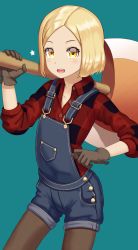 Rule 34 | 1girl, :d, absurdres, axe, blonde hair, brown eyes, brown gloves, brown pantyhose, collarbone, commentary request, fate/grand order, fate (series), forehead, gloves, green background, highres, holding, holding axe, looking at viewer, open mouth, over shoulder, overall shorts, overalls, pantyhose, parted bangs, paul bunyan (fate), paul bunyan (second ascension) (fate), red shirt, sanpeita, shirt, short hair, smile, solo, star (symbol), teeth, upper teeth only