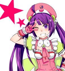 Rule 34 | 1girl, ahoge, bad id, bad pixiv id, bow, frills, gloves, grin, hair ornament, hairclip, hat, headset, long hair, one eye closed, potato (potato1827), purple eyes, purple hair, smile, solo, star (symbol), tone rion, twintails, v, vocaloid, wink