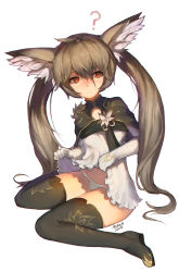 Rule 34 | 10s, 1girl, 2014, ?, animal ear fluff, animal ears, artist name, black thighhighs, blade &amp; soul, brown hair, clothes lift, elbow gloves, flower, fox ears, fox tail, gloves, highres, long hair, lyn (blade &amp; soul), mukka, navel, panties, red eyes, sitting, skirt, skirt lift, solo, tail, thighhighs, twintails, underwear, wariza, white background, white gloves, white panties