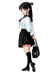 Rule 34 | 1girl, absurdres, alternate eye color, alternate hair color, arms behind back, bag, black bag, black eyes, black footwear, black hair, black sailor collar, black skirt, black socks, blunt bangs, breasts, commentary, crop top, crop top overhang, double horizontal stripe, from behind, full body, highres, holding, holding bag, kagari atsuko, little witch academia, loafers, long hair, long sleeves, looking at viewer, looking back, medium breasts, medium skirt, midriff peek, neckerchief, one side up, open mouth, pingi (pingioo), pleated skirt, red neckerchief, round teeth, sailor collar, sailor shirt, school bag, shirt, shoes, simple background, single sidelock, skirt, socks, solo, standing, straight hair, teeth, upper teeth only, white background, white shirt