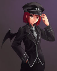 Rule 34 | 1boy, glasses, gradient background, hat, kaz, male focus, military, military uniform, pangya, red eyes, red hair, short hair, solo, uniform, wings