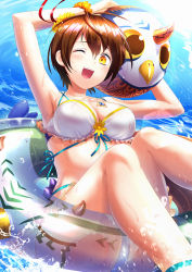 Rule 34 | 1girl, absurdres, ahoge, arms up, ass, ball, bikini, blush, breasts, brown eyes, brown hair, cleavage, collarbone, commentary request, hair ribbon, highres, holding, holding ball, jewelry, looking at viewer, medium breasts, megido72, necklace, nishioka tomozou, one eye closed, open mouth, ribbon, scrunchie, short hair, solo, stolas (megido72), swimsuit, thighs, water, wet, white bikini