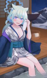 Rule 34 | 1girl, :d, animal ear fluff, animal ears, aqua hair, architecture, bath yukata, blue archive, blurry, bottle, breasts, bucket, cleavage, collarbone, commentary request, depth of field, east asian architecture, ewai, extra ears, fox ears, fox girl, hair between eyes, halo, head tilt, highres, holding, holding bottle, in water, japanese clothes, kimono, knees together feet apart, long sleeves, looking at viewer, low twintails, medium breasts, medium hair, mountainous horizon, night, night sky, official alternate costume, official alternate hairstyle, onsen, open mouth, outdoors, purple eyes, shigure (blue archive), shigure (hot spring) (blue archive), sidelocks, sky, smile, solo, star (sky), starry sky, tokkuri, twintails, wet, wide sleeves, wooden bucket, wooden floor, yukata