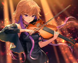 Rule 34 | 1girl, ainy, artist name, black dress, breasts, brown hair, commentary request, dress, garter straps, hair between eyes, halter dress, halterneck, holding, holding instrument, holding violin, idolmaster, idolmaster cinderella girls, instrument, light particles, light rays, long hair, long sleeves, multicolored hair, music, nail polish, ninomiya asuka, o-ring, parted lips, pinky out, playing instrument, purple eyes, purple hair, purple nails, short dress, small breasts, solo, twitter username, violin