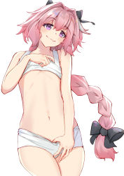 Rule 34 | 1boy, absurdres, astolfo (fate), blush, bow, braid, braided ponytail, fang, fate/apocrypha, fate/grand order, fate (series), hair bow, hair intakes, highres, long hair, looking at viewer, male focus, multicolored hair, navel, open mouth, panties, pink hair, purple eyes, simple background, smile, streaked hair, syica, trap, underwear, underwear only, white background, white hair, white panties