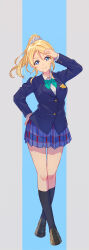 1girl absurdres arm_up ayase_eli black_socks blazer blonde_hair blue_eyes blue_jacket blue_skirt bow bowtie brown_footwear closed_mouth full_body green_bow green_bowtie hair_ornament hair_scrunchie hand_on_own_hip highres jacket kneehighs loafers looking_at_viewer loong_(loong_blo) love_live! love_live!_school_idol_project miniskirt otonokizaka_school_uniform pleated_skirt ponytail school_uniform scrunchie shoes skirt smile socks solo standing striped_bow striped_bowtie striped_clothes white_scrunchie