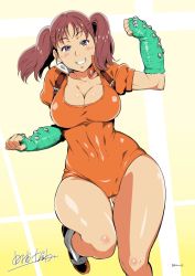 Rule 34 | 10s, 1girl, blush, boots, breasts, brown hair, cameltoe, cleavage, curvy, diane (nanatsu no taizai), fingerless gloves, giant, giantess, gloves, grin, highres, large breasts, leotard, long hair, looking at viewer, nanatsu no taizai, purple eyes, simple background, smile, solo, thigh gap, thighs, twintails, wide hips, yosiura