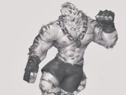 Rule 34 | 1boy, abs, animal ears, arknights, bandaged hand, bandages, bara, black shorts, chain necklace, dog tags, doughblaster, facial hair, feet out of frame, furry, furry male, goatee, highres, jewelry, large hands, large pectorals, male focus, mountain (arknights), muscular, muscular male, necklace, nipples, pectorals, scar, scar across eye, scar on arm, short hair, shorts, sketch, solo, stomach, tail, thick eyebrows, tiger boy, tiger ears, tiger tail, topless male, white hair