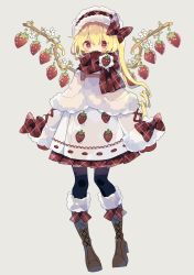 Rule 34 | 1girl, alternate costume, alternate wings, black pantyhose, blonde hair, blush, boots, bow, brown footwear, coat, flandre scarlet, flower, food, footwear ribbon, fruit, full body, fur-trimmed boots, fur trim, grey background, hair bow, highres, long hair, long sleeves, mittens, nikorashi-ka, open mouth, pantyhose, plaid, plaid bow, plaid scarf, pleated skirt, red bow, red eyes, red mittens, red ribbon, red scarf, red skirt, ribbon, scarf, side ponytail, skirt, solo, strawberry, strawberry blossoms, touhou, white coat, white headwear, wings, winter clothes, winter coat