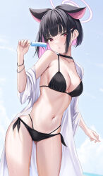 Rule 34 | 1girl, absurdres, alternate costume, animal ears, bikini, black bikini, black hair, blue archive, breasts, cat ears, colored inner hair, commentary, extra ears, food, gluteal fold, hair ornament, hairpin, halo, highres, holding, holding food, holding popsicle, kazusa (blue archive), large breasts, looking at viewer, melting, multicolored hair, multiple bracelets, navel, off shoulder, outdoors, pink eyes, pink hair, popsicle, rama (yu-light8), short hair, side-tie bikini bottom, sideboob, solo, stomach, sweat, swimsuit, two-tone hair