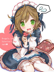 Rule 34 | 1girl, 2024, blue dress, blush, box, box of chocolates, brown hair, chocolate, commentary request, cowboy shot, dragalia lost, dress, eating, food, green eyes, heart, holding, holding box, holding food, long sleeves, looking at viewer, maid, maid headdress, melody (dragalia lost), open mouth, short hair, simple background, single thighhigh, sitting, solo, speech bubble, spoken sweatdrop, sweatdrop, takasaka light, thighhighs, twitter username, valentine, white background, white thighhighs