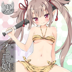 Rule 34 | &gt;:), 1girl, animal print, bare shoulders, bikini, blush, breasts, club, club (weapon), fang, fang out, grey hair, hair ribbon, halterneck, horns, kanabou, kani biimu, long hair, looking at viewer, navel, oni, oni horns, original, parody, pointy ears, red eyes, ribbon, small breasts, smile, solo, spiked club, swimsuit, tiger print, twintails, underboob, v-shaped eyebrows, weapon