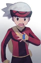 Rule 34 | 1boy, backpack, bag, beanie, blurry, brendan (pokemon), commentary request, creatures (company), fingerless gloves, game freak, gloves, grey eyes, hand up, hat, jacket, long sleeves, male focus, nintendo, open mouth, oshi taberu, pokemon, pokemon rse, red jacket, solo, tongue, yellow bag, yellow gloves