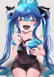 Rule 34 | 1girl, :d, ahoge, animal ears, bare shoulders, blue tongue, blush, closed eyes, collarbone, colored tongue, crossed bangs, cup, flat chest, food, grey background, happy, highres, holding, holding cup, horse ears, ice cream, long hair, messy hair, nail polish, open mouth, shadow, sharp teeth, shaved ice, shorts, simple background, sitting, smile, solo, strap slip, teeth, toa510, tongue, twin turbo (umamusume), twintails, umamusume, upper teeth only, v-shaped eyebrows, very long hair