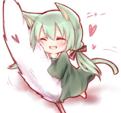 Rule 34 | 1girl, animal ears, cat ears, cat tail, chibi, closed eyes, collared dress, dress, fang, green hair, hair between eyes, hair intakes, hair ribbon, hatsune miku, heart, long hair, misa (kaeruhitode), open mouth, ribbon, simple background, solo, tail, twintails, very long hair, vocaloid, white background