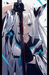Rule 34 | 1girl, ;), animal ears, arm up, azur lane, black gloves, blue eyes, blue neckerchief, closed mouth, commentary request, detached sleeves, gloves, grey background, half gloves, holding, holding sword, holding weapon, kawakaze (azur lane), long hair, long sleeves, looking at viewer, nagishiro mito, neckerchief, one eye closed, pillarboxed, ribbon-trimmed sleeves, ribbon trim, silver hair, smile, solo, sword, very long hair, weapon, wide sleeves