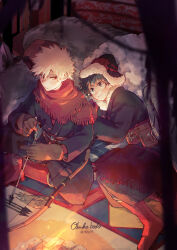 Rule 34 | 2boys, animal, arrow (projectile), bakugou katsuki, belt, belt bag, black headwear, blonde hair, blurry, blurry background, blurry foreground, blush, boku no hero academia, boots, bow (weapon), bright pupils, brown bag, brown belt, campfire, circle name, closed mouth, coat, commentary request, cross-laced footwear, curled horns, dated commentary, eyebrows hidden by hair, feathers, film grain, fire, freckles, fringe trim, frown, full body, fur-trimmed coat, fur-trimmed headwear, fur trim, gloves, glowing, green eyes, green hair, hair between eyes, hands up, happy, highres, holding, holding arrow, horns, knee boots, knee up, lace-up boots, leaning on animal, looking at another, lying, male focus, mat, midoriya izuku, multiple belts, multiple boys, official alternate costume, on side, outdoors, oversized animal, partial commentary, red eyes, red footwear, red gloves, red scarf, scarf, sheep, short hair, sideways glance, sitting, smile, spiked hair, tannoci, twitter username, weapon, white pupils, wolf, wool
