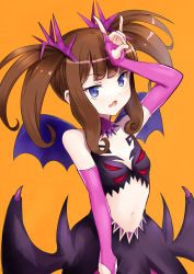 Rule 34 | 1girl, arm up, bare shoulders, black skirt, blue wings, breasts, brown hair, collarbone, commentary request, fang, gloves, highres, kurosu aroma, long hair, mini wings, navel, okiru, open mouth, orange background, partially fingerless gloves, pink gloves, pretty series, pripara, simple background, skirt, small breasts, solo, twintails, v-shaped eyebrows, wings