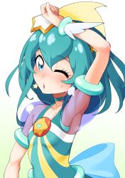 Rule 34 | 1girl, ;o, arm up, armpits, blue eyes, blue hair, bow, bracelet, collarbone, commentary request, cure milky, earrings, flat chest, hagoromo lala, hayashi keita, highres, jewelry, magical girl, medium hair, one eye closed, precure, see-through, simple background, solo, star twinkle precure, sweat, upper body
