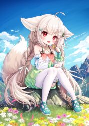Rule 34 | 1girl, absurdres, ahoge, animal ear fluff, animal ears, blue footwear, blush, braid, cloud, commission, comodomodo, detached sleeves, flower, fox ears, fox girl, fox tail, green skirt, highres, long braid, long hair, mountain, open mouth, original, outdoors, pixiv commission, red eyes, ribbon, sakurada shiro (hy plus), shirt, shoes, sitting, skirt, sky, smile, solo, tail, thighhighs, thighs, twin braids, twintails, very long hair, white hair, white shirt, white sleeves, white thighhighs