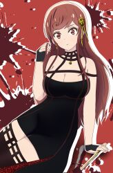 Rule 34 | 1girl, absurdres, alternate hairstyle, artsreme, bad id, bad pixiv id, black dress, black gloves, black thighhighs, breasts, brown hair, cleavage, closed mouth, cosplay, dress, earrings, gloves, gold hairband, hair down, hair ornament, hairband, highres, holding, holding weapon, jewelry, large breasts, long hair, looking at viewer, red background, red eyes, sidelocks, smile, solo, spy x family, thighhighs, thighs, weapon, yor briar, yuugiri (zombie land saga), zombie land saga