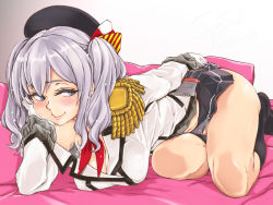 Rule 34 | 10s, armpit hair, ass, beret, black socks, blue eyes, breasts, buttons, cleavage, clothes lift, epaulettes, gloves, hat, head rest, jacket, kantai collection, kashima (kancolle), kerchief, kneehighs, large breasts, looking at viewer, lying, miniskirt, no bra, on side, ozawa reido, pleated skirt, sidelocks, silver hair, skirt, skirt lift, smile, socks, solo, steam, tsurime, twintails, wavy hair
