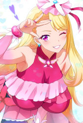Rule 34 | 1girl, alternate breast size, bare shoulders, blonde hair, breasts, clenched teeth, collarbone, cure butterfly, earrings, highres, hirogaru sky! precure, jewelry, joy ride, large breasts, lips, long hair, looking at viewer, magical girl, nail polish, one eye closed, pink eyes, precure, purple nails, smile, solo, teeth, w