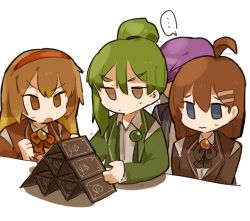 Rule 34 | ..., 2boys, 2girls, ahoge, blouse, blue eyes, brown eyes, brown hair, brown jacket, brown ribbon, closed mouth, collared shirt, green hair, green jacket, hair ornament, hairclip, headband, highres, hod (project moon), house of cards, jacket, library of ruina, long hair, long sleeves, malkuth (project moon), multiple boys, multiple girls, netzach (project moon), nonga, open clothes, open collar, open jacket, open mouth, orange ribbon, project moon, purple hair, purple jacket, red headband, ribbon, shirt, short sleeves, speech bubble, suit jacket, sweat, white shirt, yesod (project moon)