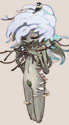 Rule 34 | 1girl, amiami, animal, animal on head, bird, bird on head, breasts, dryad, closed eyes, female focus, female pubic hair, grey background, highres, long hair, monster girl, moss, multicolored hair, mushroom, navel, on head, original, plant girl, pubic hair, simple background, small breasts, solo, twitter username