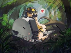 Rule 34 | 1girl, arknights, artist request, dated, eunectes (arknights), closed eyes, goggles, goggles on head, heart, highres, hug, lancet-2 (arknights), plant, pointy ears, snake tail, source request, spoken heart, tail