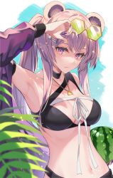 Rule 34 | 1girl, animal ears, arknights, arm up, armpits, bare shoulders, bikini, black bikini, black choker, breasts, choker, cleavage, commentary request, food, fruit, hair bun, hair ornament, highres, holding, holding food, holding fruit, jewelry, large breasts, lin (arknights), long hair, long sleeves, looking at viewer, mashita (kuzsat), mouse ears, nail polish, navel, necklace, off shoulder, official alternate costume, partial commentary, pink eyes, pink hair, plant, ponytail, purple nails, ribbon, solo, stomach, sunglasses, swimsuit, upper body, watermelon, white ribbon