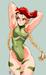 Rule 34 | 1990s (style), 1girl, 2019, absurdres, antenna hair, armpits, arms up, beret, bodypaint, braid, breasts, cammy white, capcom, commentary, contrapposto, cowboy shot, david liu, elbow gloves, english commentary, forehead, gloves, green background, green leotard, hat, highleg, highleg leotard, highres, leotard, long hair, looking to the side, narrow waist, red gloves, retro artstyle, revision, scar, small breasts, solo, standing, street fighter, street fighter ii (series), thick thighs, thigh gap, thighs, toned, twin braids