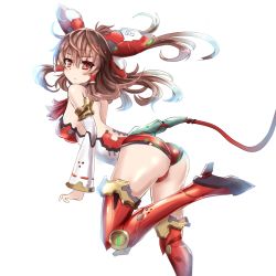Rule 34 | 1girl, :/, adapted costume, ass, back, backlighting, bare shoulders, bent over, blush, bodysuit, boots, breasts, brown hair, cable, cable tail, detached sleeves, expressionless, floating hair, from side, grey hair, hair between eyes, hair tubes, hakurei reimu, half updo, headgear, high heels, leg lift, leg up, leotard, long hair, looking at viewer, looking back, mecha musume, mechanical tail, medium breasts, neon trim, red eyes, red footwear, red leotard, red thighhighs, sideboob, sidelocks, simple background, solo, sumapan, tail, thigh boots, thighhighs, touhou, white background, wide sleeves