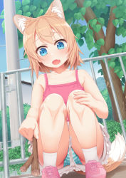 Rule 34 | 1girl, animal ear fluff, animal ears, blonde hair, blue eyes, blush, collarbone, commentary, culottes, day, dog ears, dog tail, fang, fingernails, full body, green panties, highres, looking at viewer, open mouth, original, panties, pantyshot, pink footwear, revision, shirt, shoelaces, shoes, short hair, shorts, sky, sleeveless, sleeveless shirt, sneakers, socks, solo, squatting, stick, striped clothes, striped panties, tachimi (basue), tail, tree, underwear, upshorts, white socks